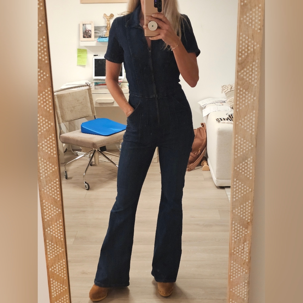 We The Free Dark Blue Flare Denim Jumpsuit